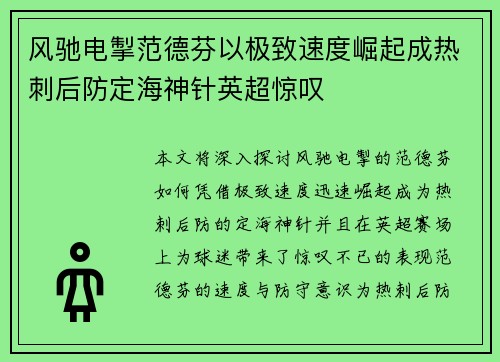 风驰电掣范德芬以极致速度崛起成热刺后防定海神针英超惊叹