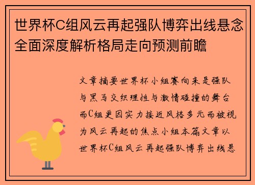 世界杯C组风云再起强队博弈出线悬念全面深度解析格局走向预测前瞻