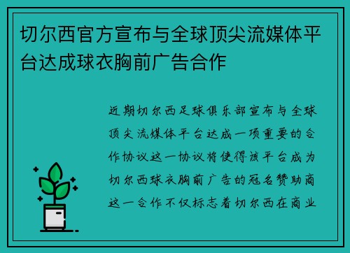 切尔西官方宣布与全球顶尖流媒体平台达成球衣胸前广告合作